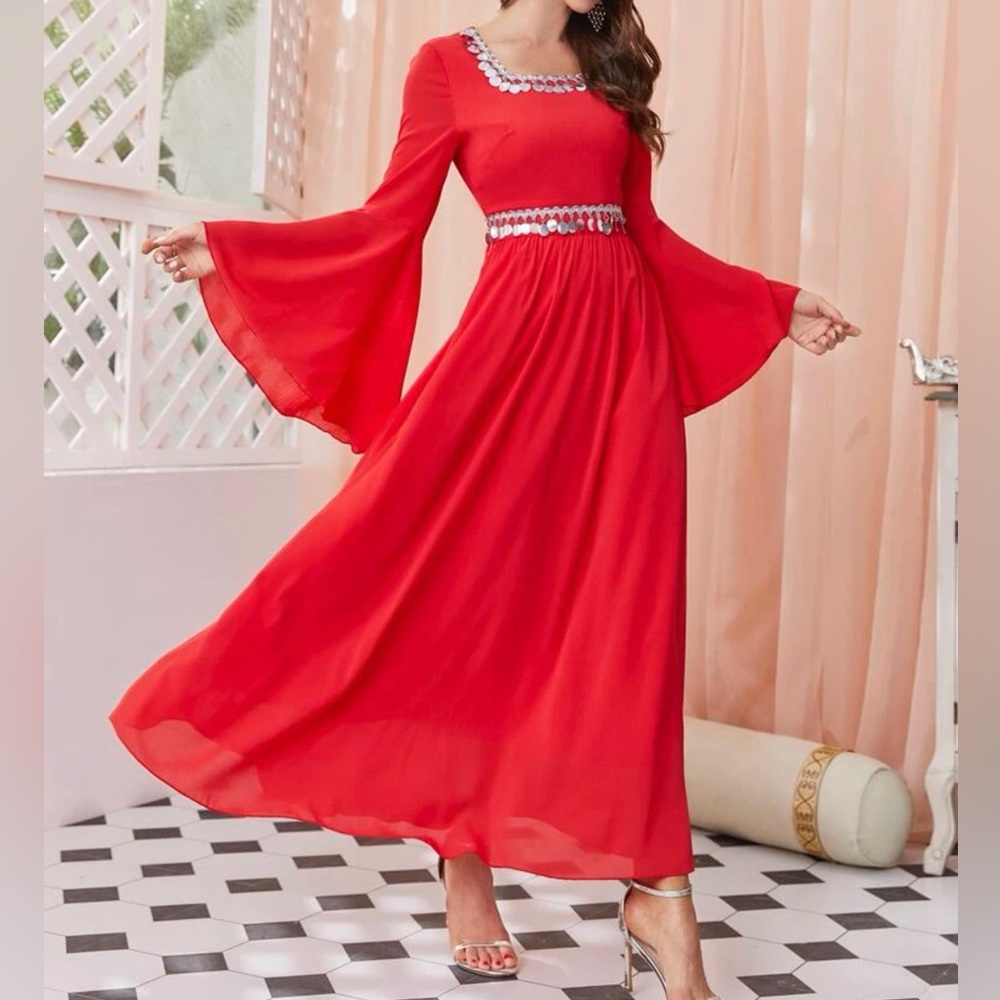 Red Flounce Sleeve Sequin Dress